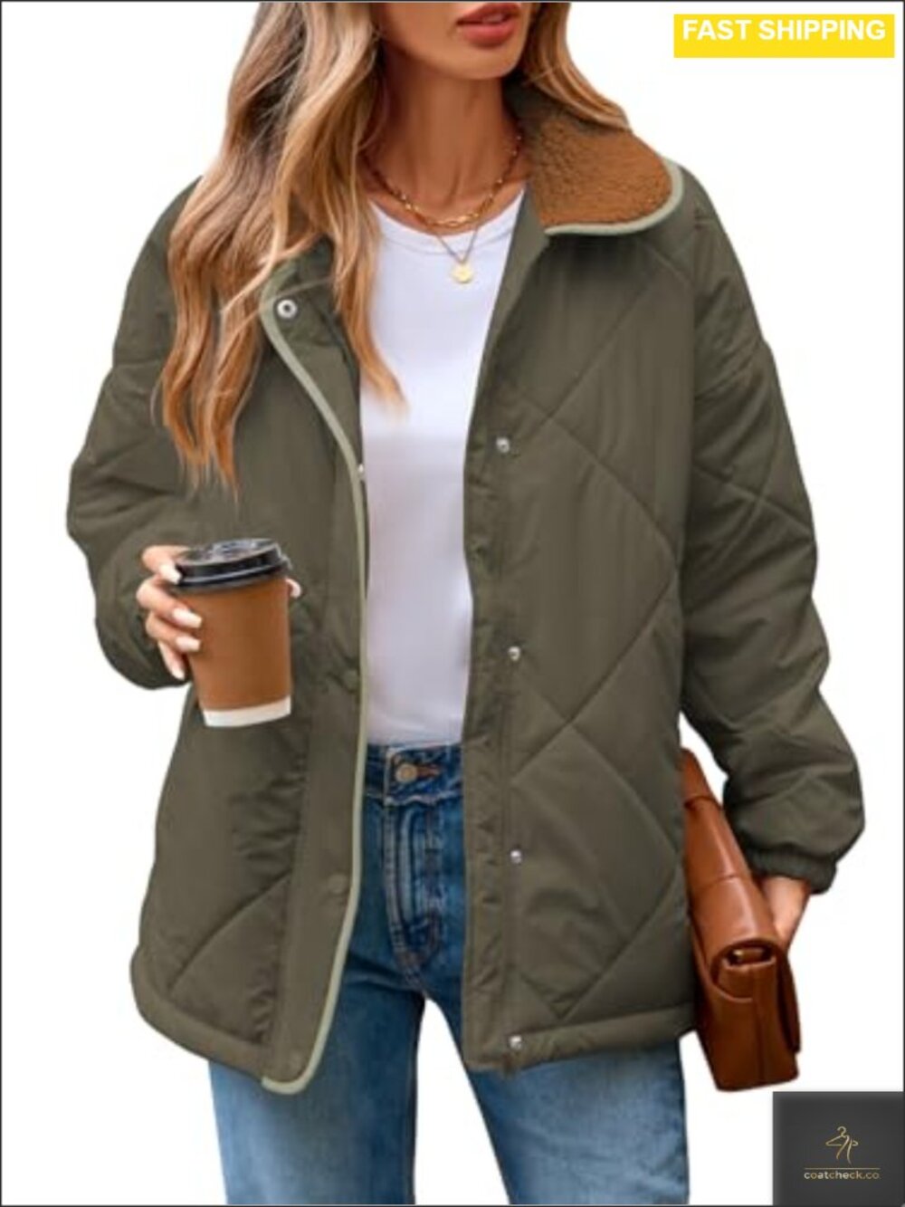 Women's Quilted Puffer Jacket Zip Snap Fuzzy Collar Lined Coat